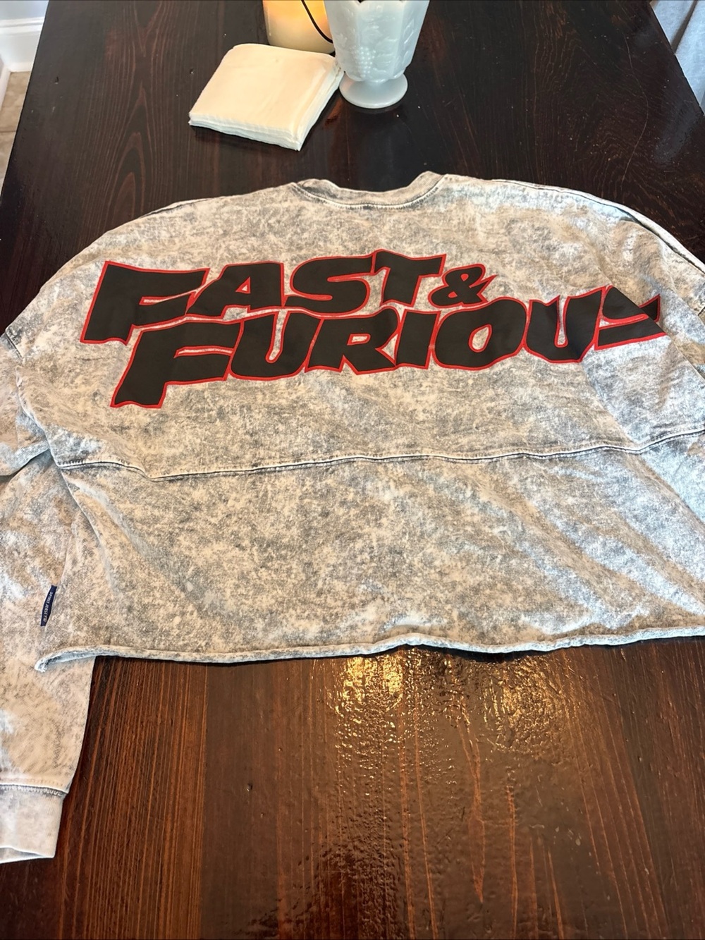 Fast & Furious Acid-Wash Gray Crop Top - Graphic Back
